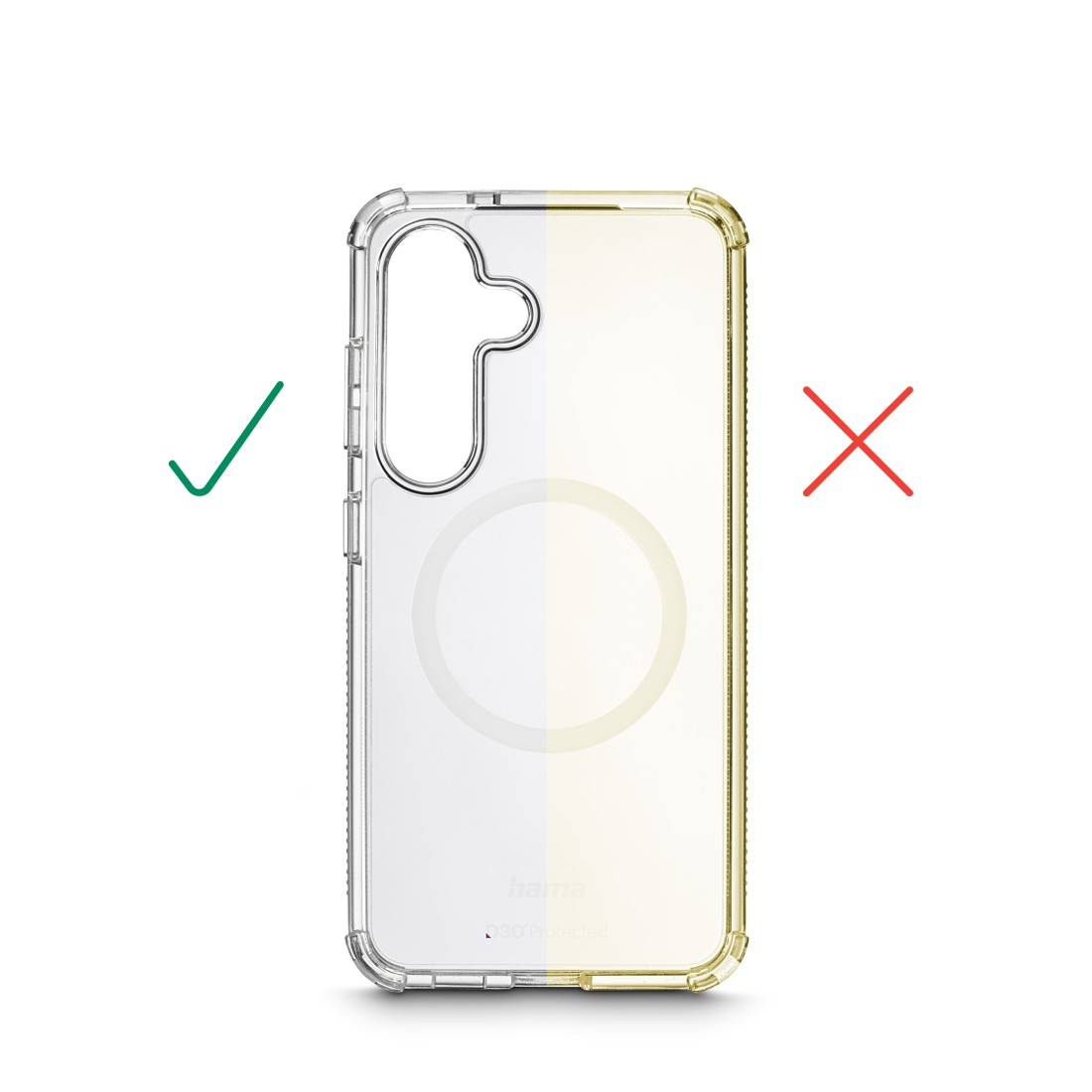 Transparente Handyhülle mit gelben Rändern, grünem Haken und rotem X. Die Hülle hat ein kreisförmiges Design und die Marke 'hama' ist sichtbar.