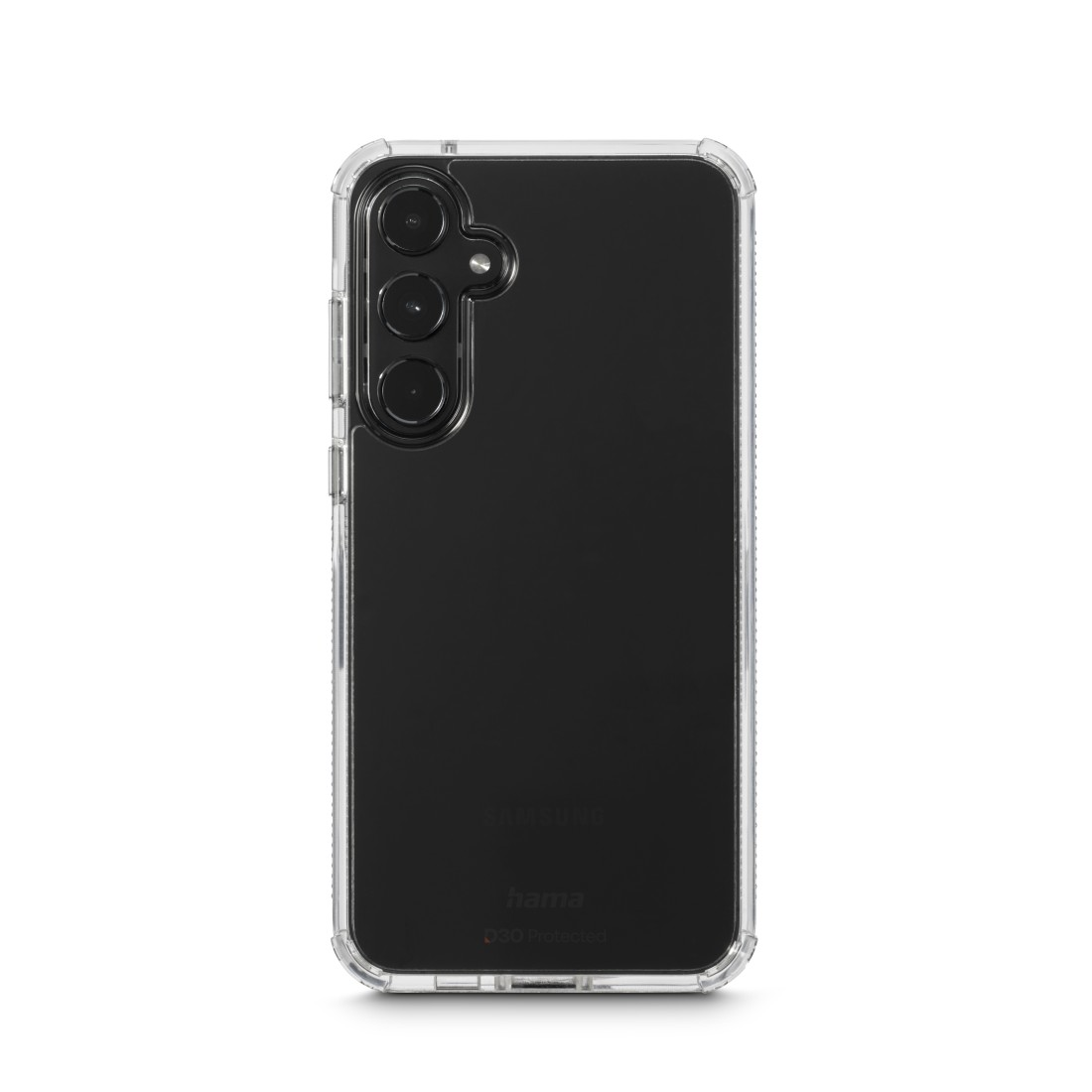 Eine transparente Handyhülle mit einem schwarzen Telefon darin. Die Hülle hat einen Schutzrahmen. Das Telefon hat drei Kameralinsen. Der Hintergrund ist weiß.