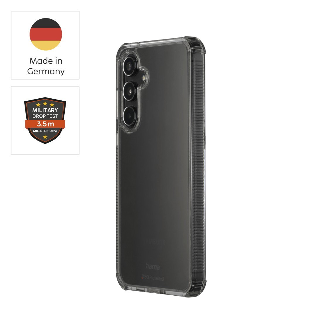 Eine transparente Handyhülle mit einem schwarzen Telefon darin. Logos für 'Made in Germany' und 'Military Drop Test' sind sichtbar.