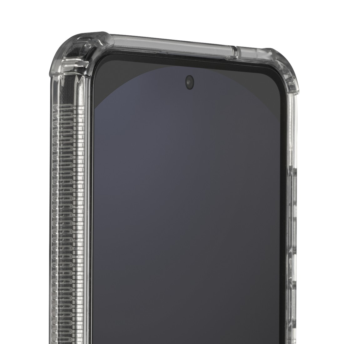 Nahaufnahme eines Smartphone-Bildschirms in einer durchsichtigen Schutzhülle. Der Bildschirm ist dunkelgrau, mit Kamera. Die Hülle ist transparent.