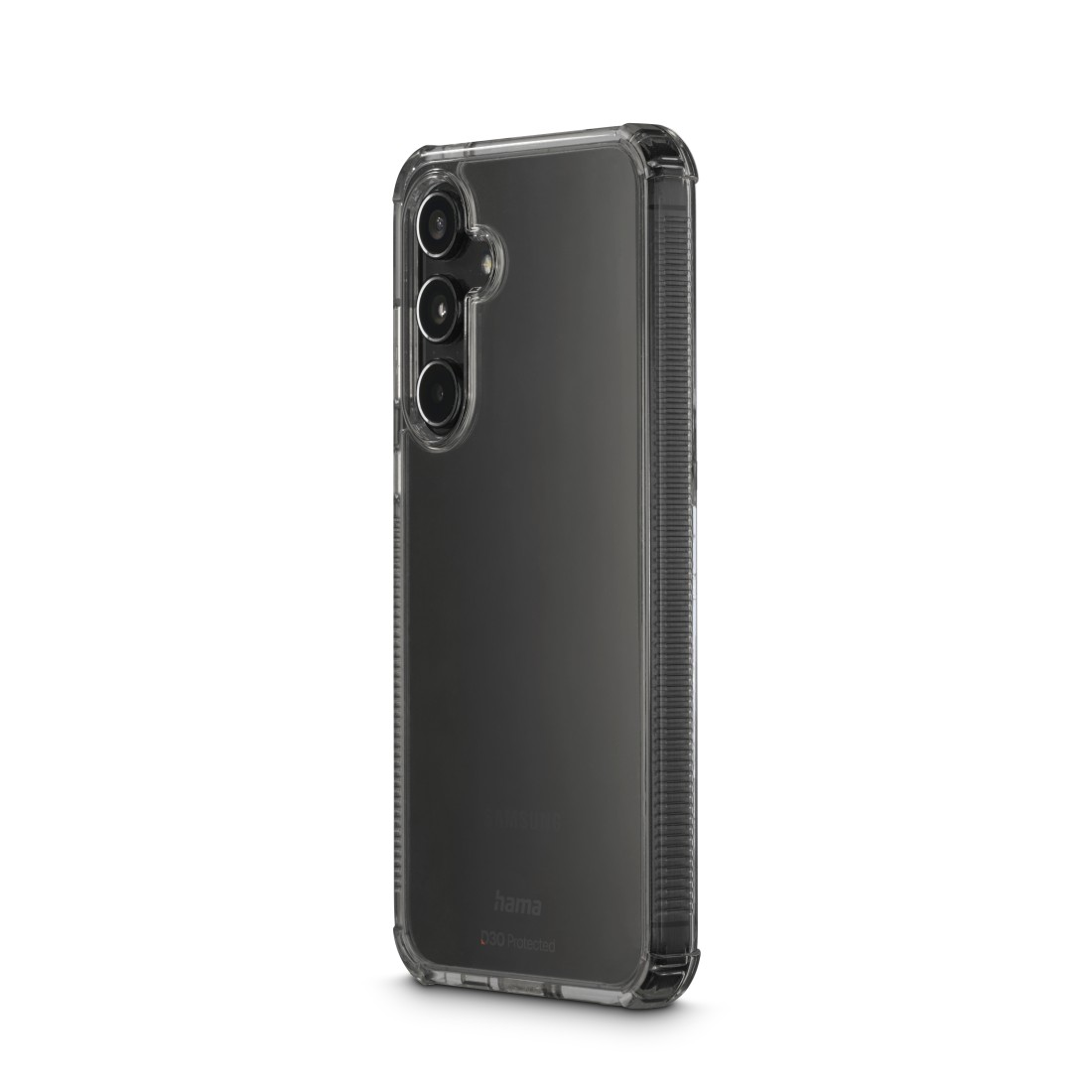 Eine transparente Handyhülle mit einem schwarzen Telefon. Die Hülle hat einen strukturierten Rand und eine transparente Rückseite.
