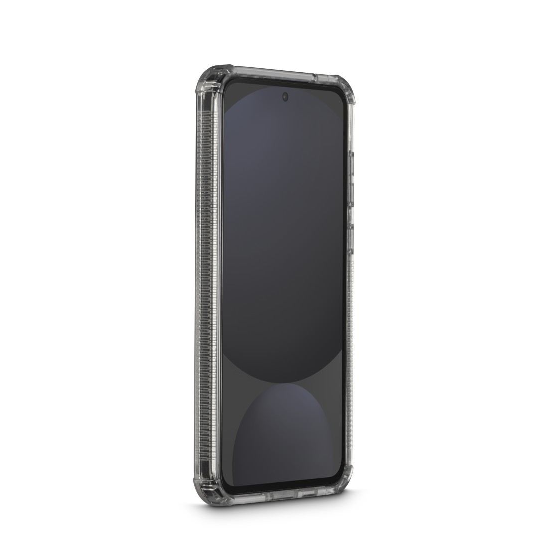 Ein Smartphone in einer transparenten Hülle ist leicht angewinkelt. Der Bildschirm ist dunkel, mit einem kreisförmigen Schatten.