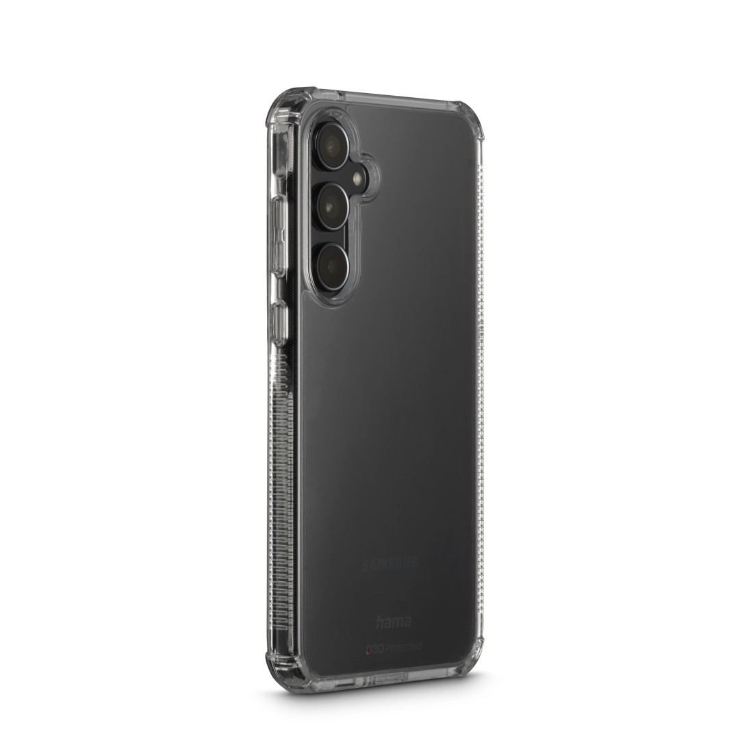 Eine klare Handyhülle schützt ein Samsung-Handy. Die Hülle hat eine transparente Rückseite und eine strukturierte Umrandung. Der Hintergrund ist weiß.