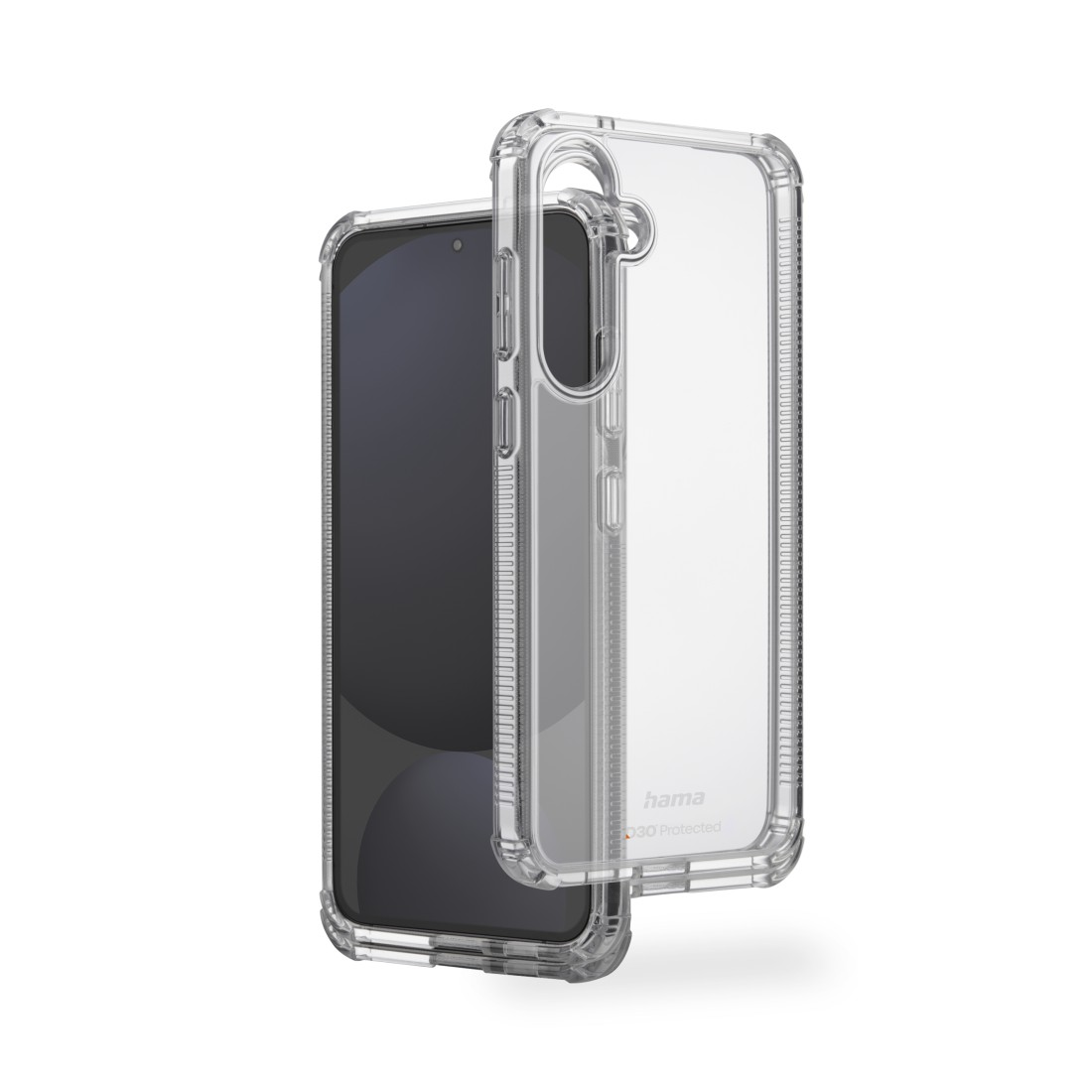 Eine transparente Handyhülle neben einem schwarzen Smartphone. Die Hülle ist transparent, das Hama-Logo ist sichtbar.