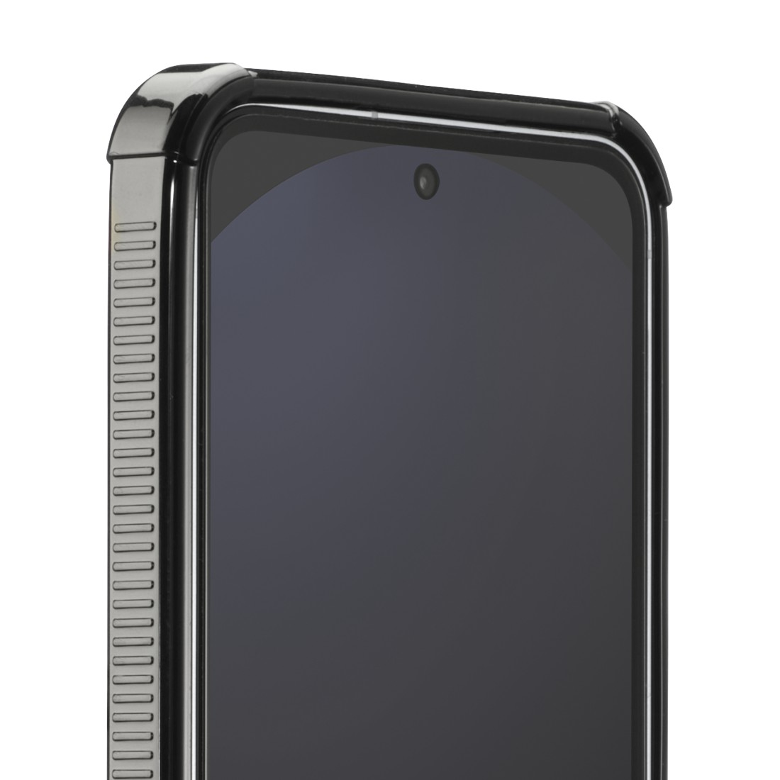Nahaufnahme eines schwarzen Smartphones in einer Schutzhülle. Der Bildschirm ist dunkel, mit einer Kamera sichtbar. Die Hülle hat eine strukturierte Seite.