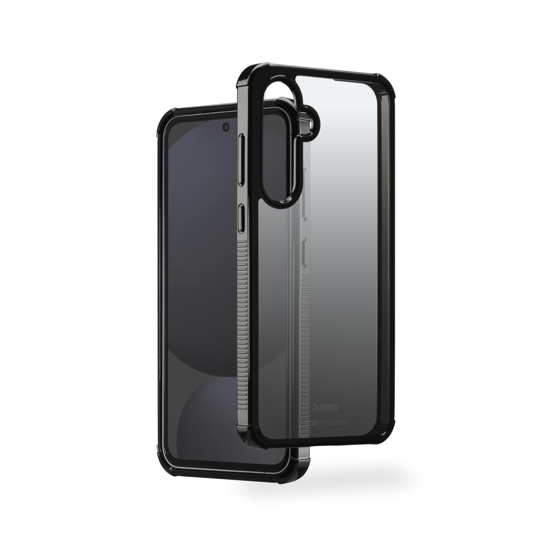 Ein Smartphone in einer transparenten Schutzhülle. Die Hülle hat einen schwarzen Rahmen und ist transparent, der Bildschirm ist sichtbar. Der Hintergrund ist weiß.