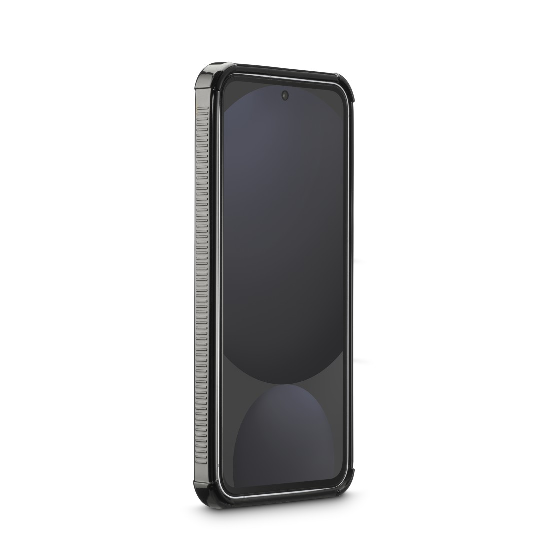 Ein schwarzes Smartphone mit Hülle steht vor weißem Hintergrund. Der Bildschirm ist dunkel, mit einer runden Kamera oben.