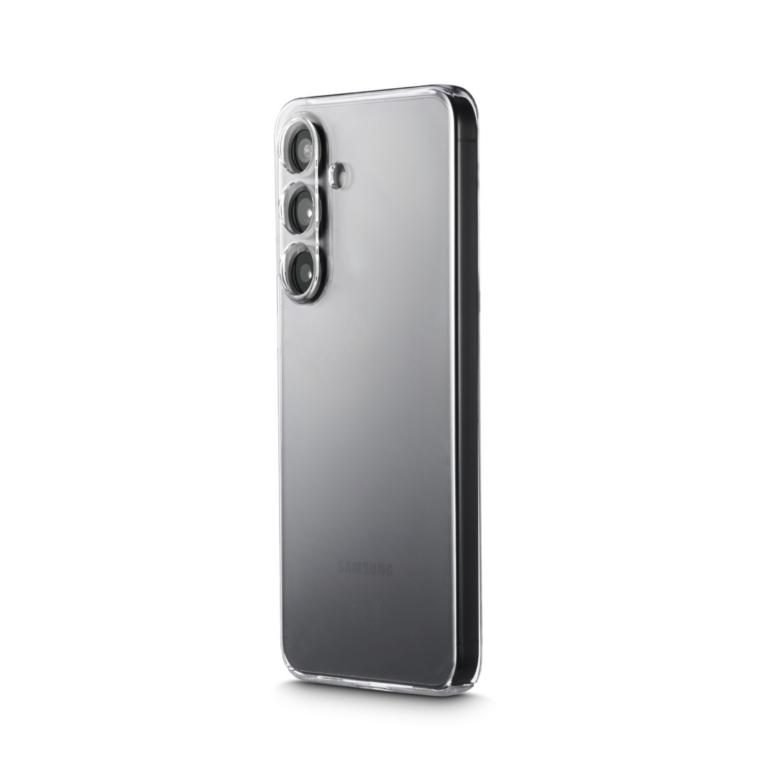 Ein Samsung-Telefon in einer transparenten Hülle. Das Telefon hat drei Kameralinsen. Der Hintergrund ist weiß.