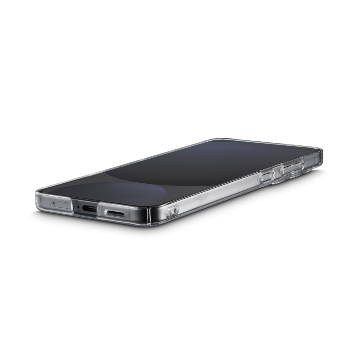 Ein Smartphone in einer transparenten Hülle liegt auf einer weißen Oberfläche. Der Bildschirm ist schwarz, die Hülle hat Knöpfe und einen Ladeanschluss.