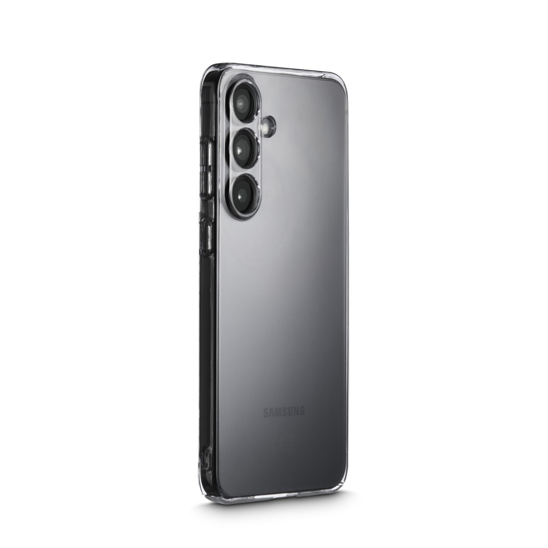 Ein Samsung-Telefon, von hinten gesehen, mit einer durchsichtigen Hülle. Es hat drei Kameras und ein Samsung-Logo.