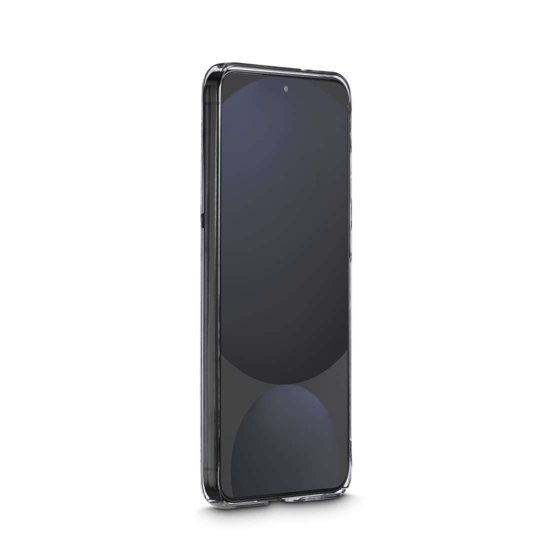 Ein Smartphone in einer transparenten Hülle wird gezeigt. Der Bildschirm ist dunkel mit einem kreisförmigen Design, vor weißem Hintergrund.