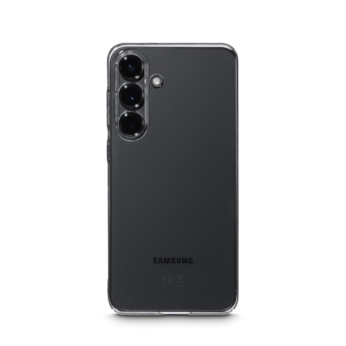 Die Rückseite eines schwarzen Samsung-Telefons mit durchsichtiger Hülle. Es hat drei vertikale Kameras und das Samsung-Logo.