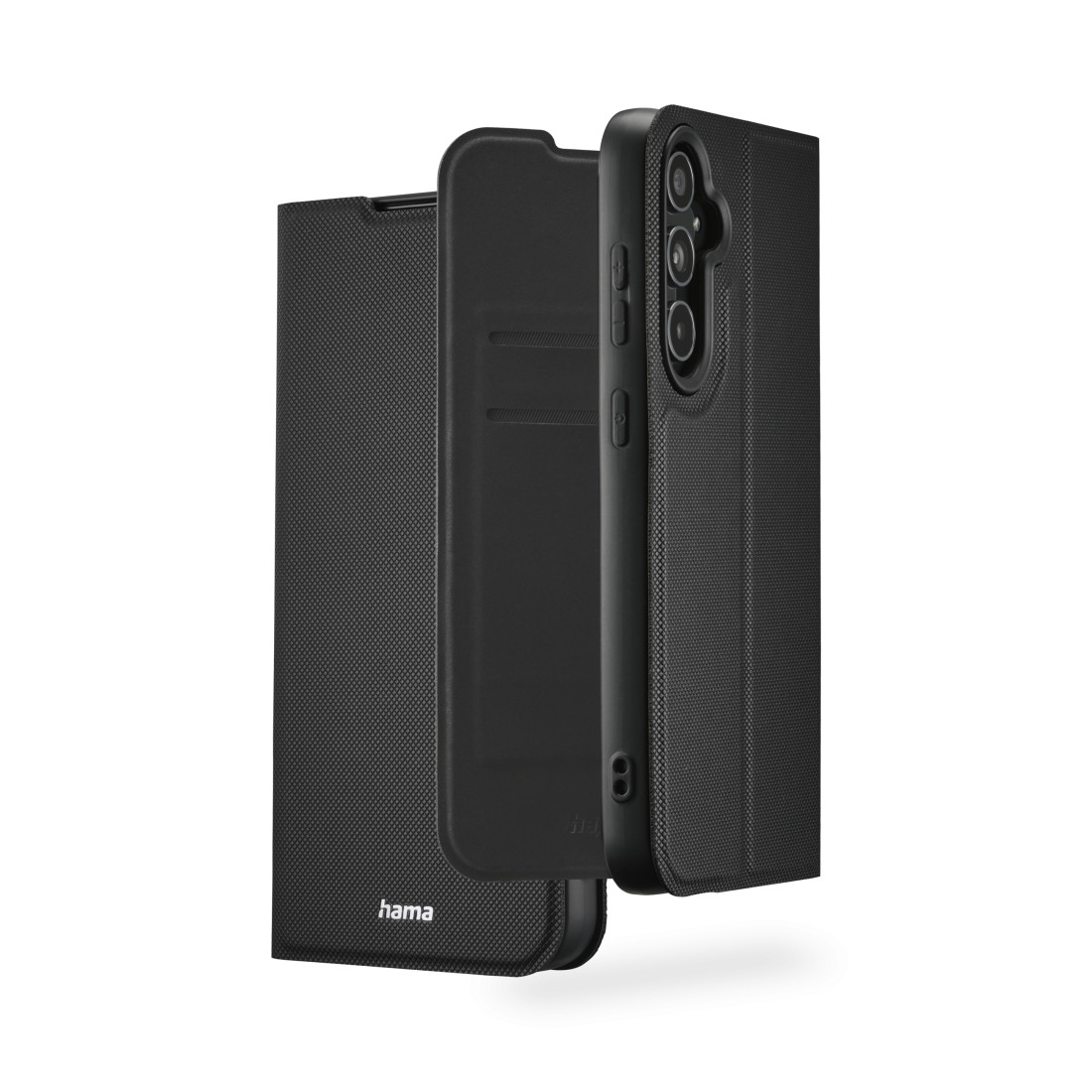 Schwarze Handyhülle, geöffnet, um das Telefon zu zeigen, mit 'hama'-Logo unten. Die Hülle befindet sich auf weißem Hintergrund mit strukturierter Oberfläche.