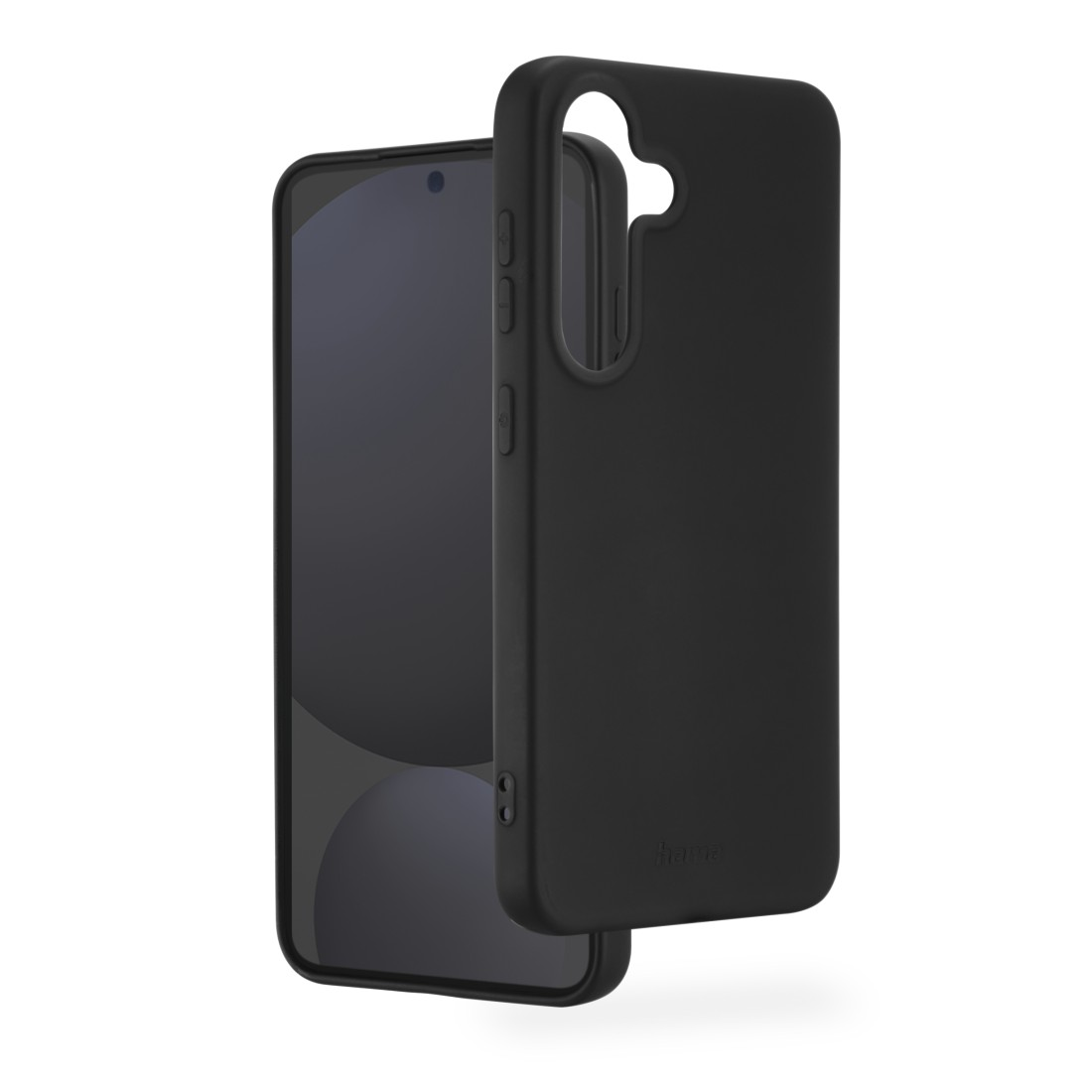 Eine schwarze Handyhülle neben einem schwarzen Smartphone, isoliert auf Weiß. Die Hülle hat Öffnungen für Kamera und Knöpfe.