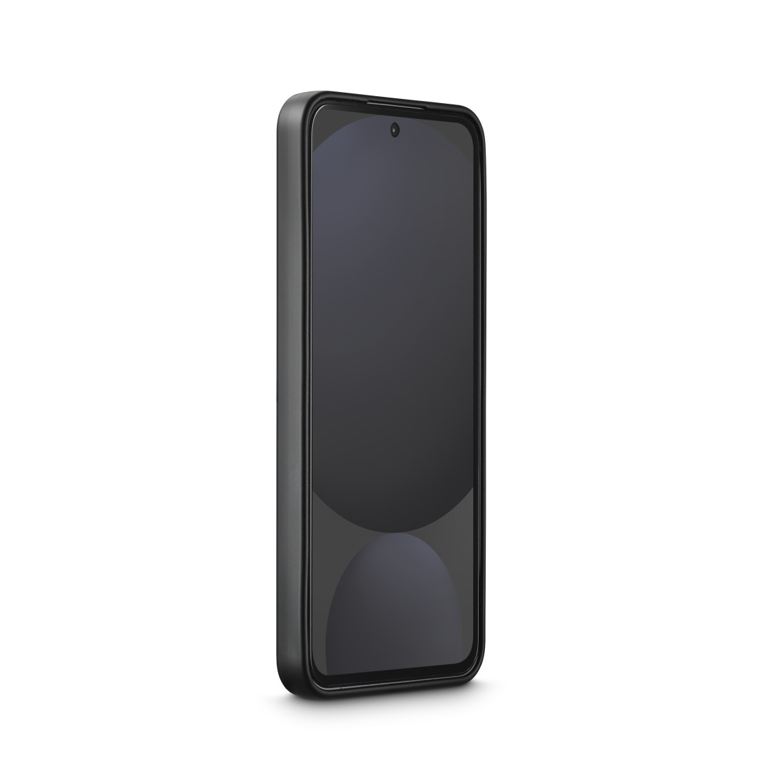 Ein schwarzes Smartphone wird leicht angewinkelt dargestellt. Der Bildschirm ist dunkel mit einem dezenten Farbverlauf. Das Telefon steht vor weißem Hintergrund.