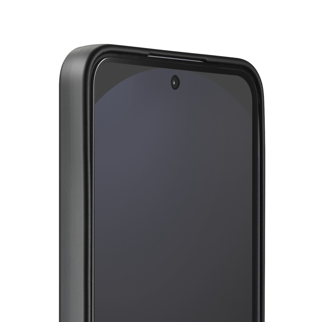 Nahaufnahme eines schwarzen Smartphones mit dunklem Bildschirm. Das Telefon hat einen schwarzen Rahmen und eine Frontkamera.