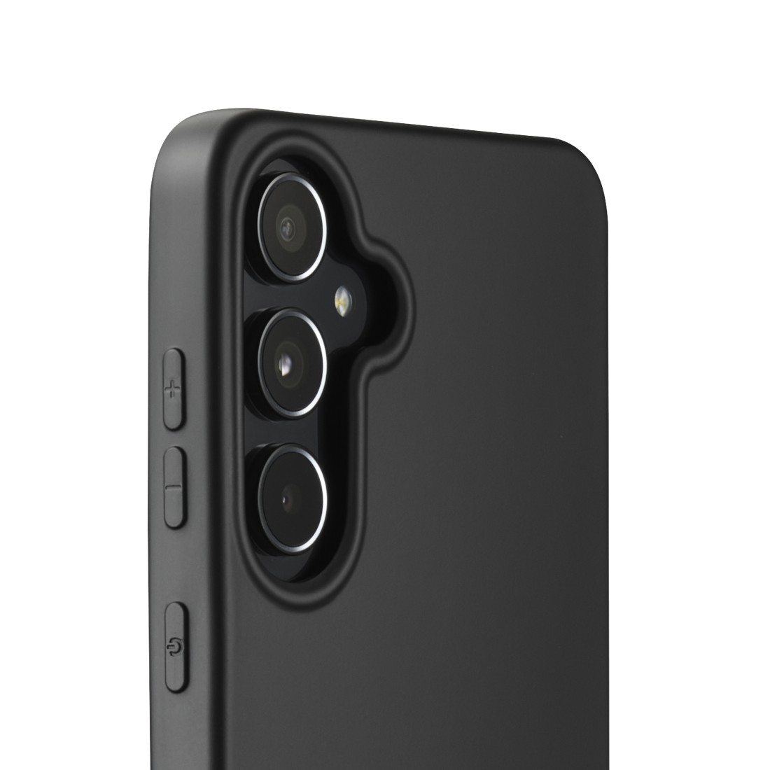 Nahaufnahme eines schwarzen Smartphones. Sichtbar sind Kameralinsen, Lautstärketasten und eine Ein-/Aus-Taste. Das Telefon hat ein mattes Finish.