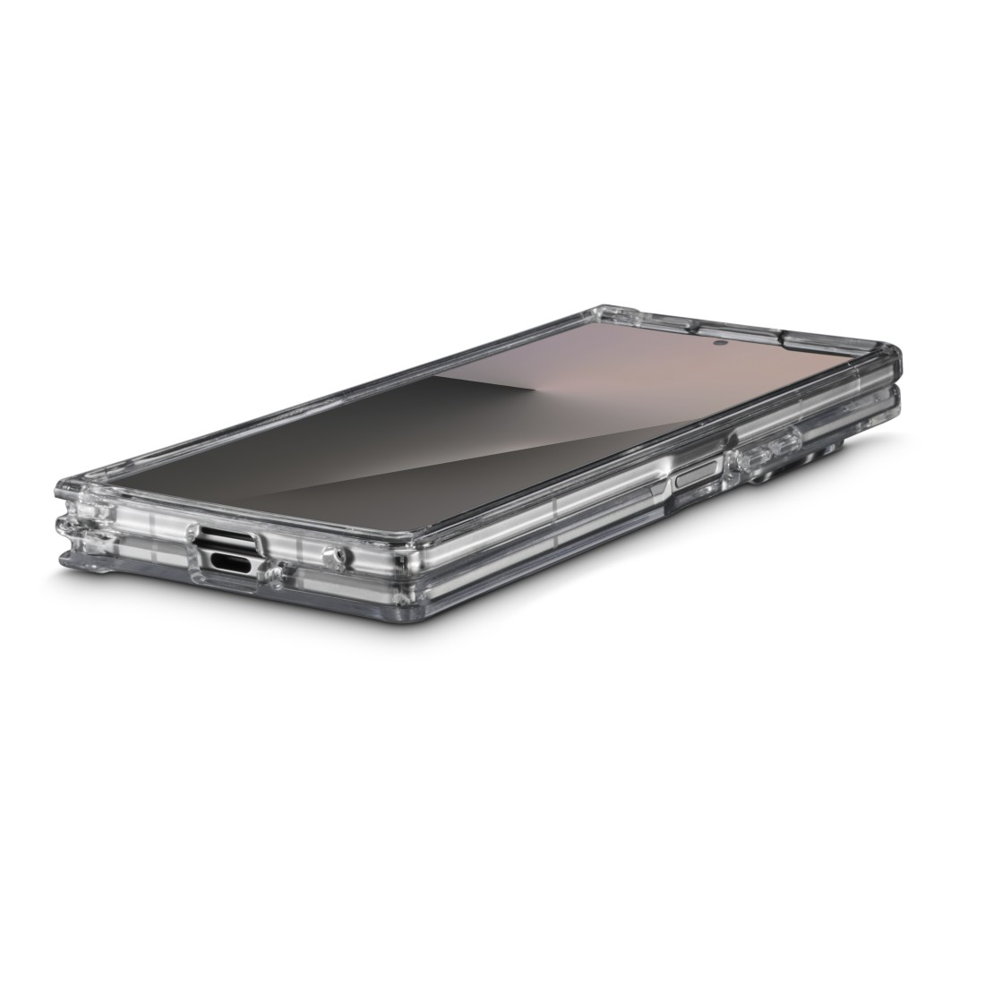 Eine transparente Handyhülle auf weißem Hintergrund. Das Telefon ist durch die Hülle sichtbar, mit schwarzem Bildschirm und Lichtreflexion.