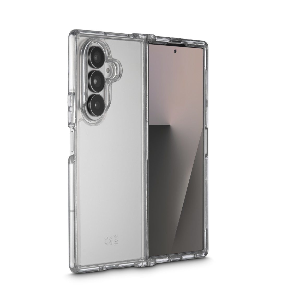Eine transparente Handyhülle mit einem Telefon darin wird auf weißem Hintergrund gezeigt. Die Hülle hat ein Kameramodul mit drei Linsen.