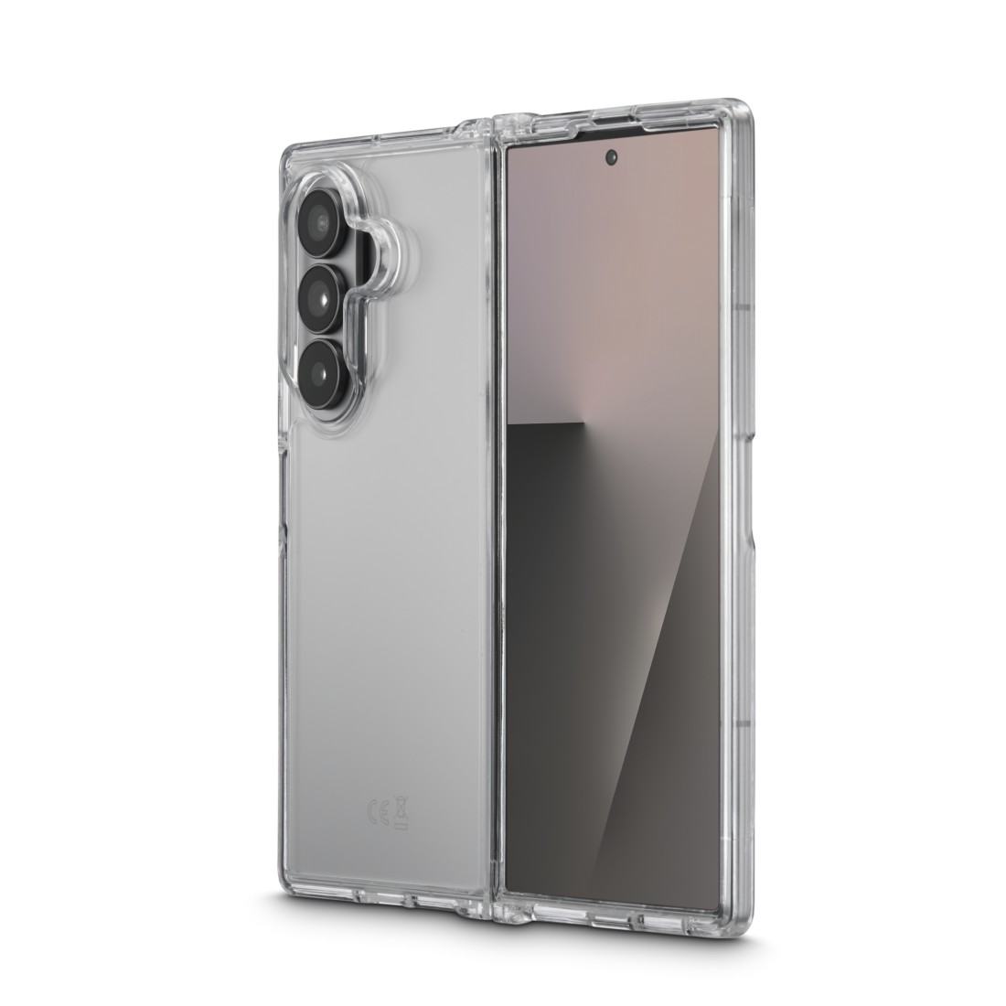 Eine transparente Handyhülle schützt ein faltbares Smartphone. Das Telefon ist geöffnet und zeigt einen Bildschirm mit Farbverläufen und Kameras auf der Rückseite.