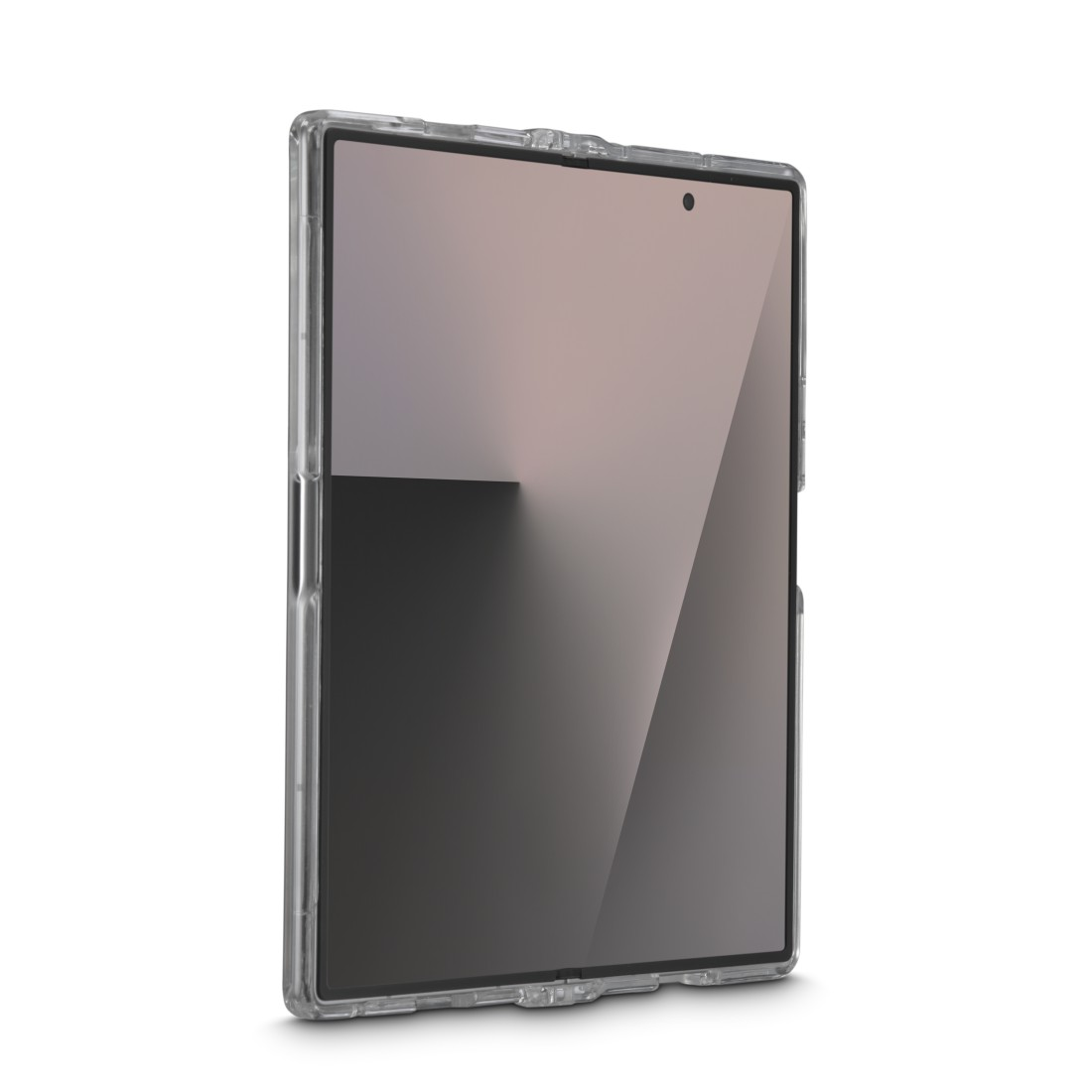 Ein Tablet in einer durchsichtigen Hülle. Der Bildschirm zeigt einen Farbverlauf von hellrosa zu dunkelgrau.