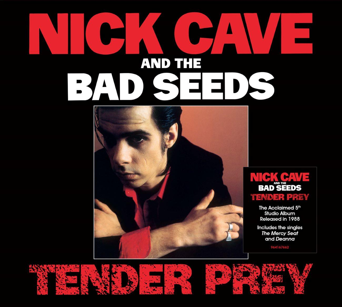 Pochette de l'album de Nick Cave and the Bad Seeds, "Tender Prey". Comprend un portrait de Nick Cave et des détails de l'album en rouge et blanc.