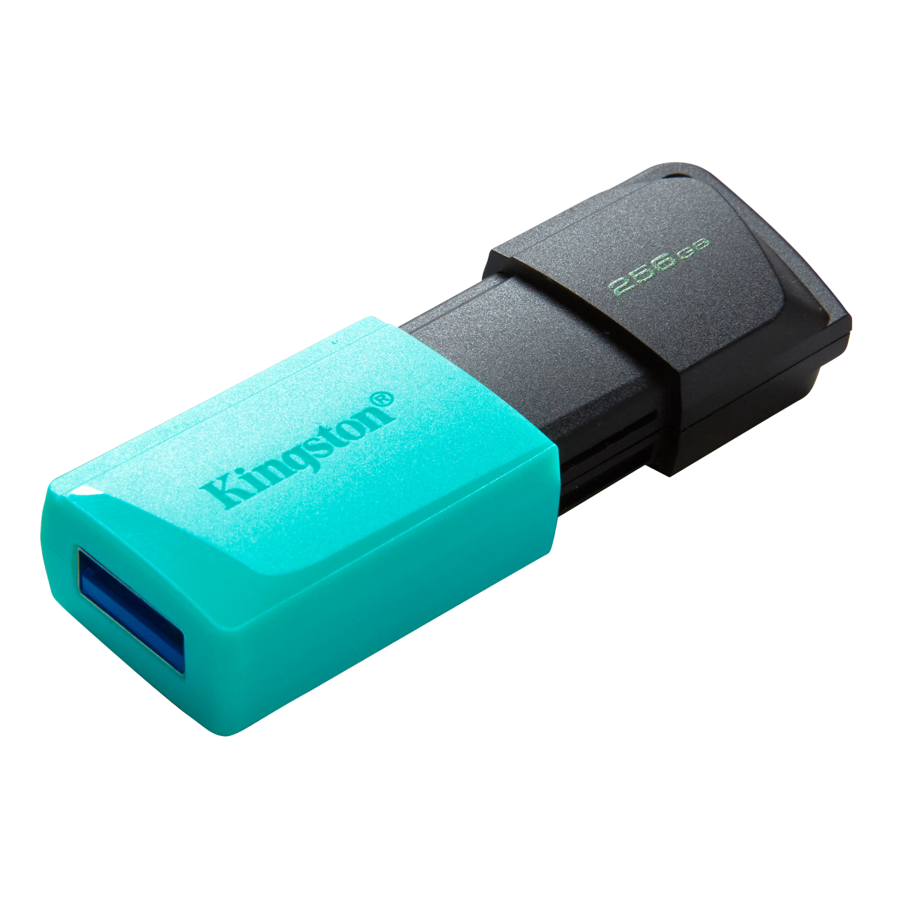 Turkuaz kapaklı ve siyah gövdeli bir Kingston USB sürücüsü. Sürücü, siyah zemin üzerinde yüzeyinde 'Kingston' ve '256 GB' gösterir.