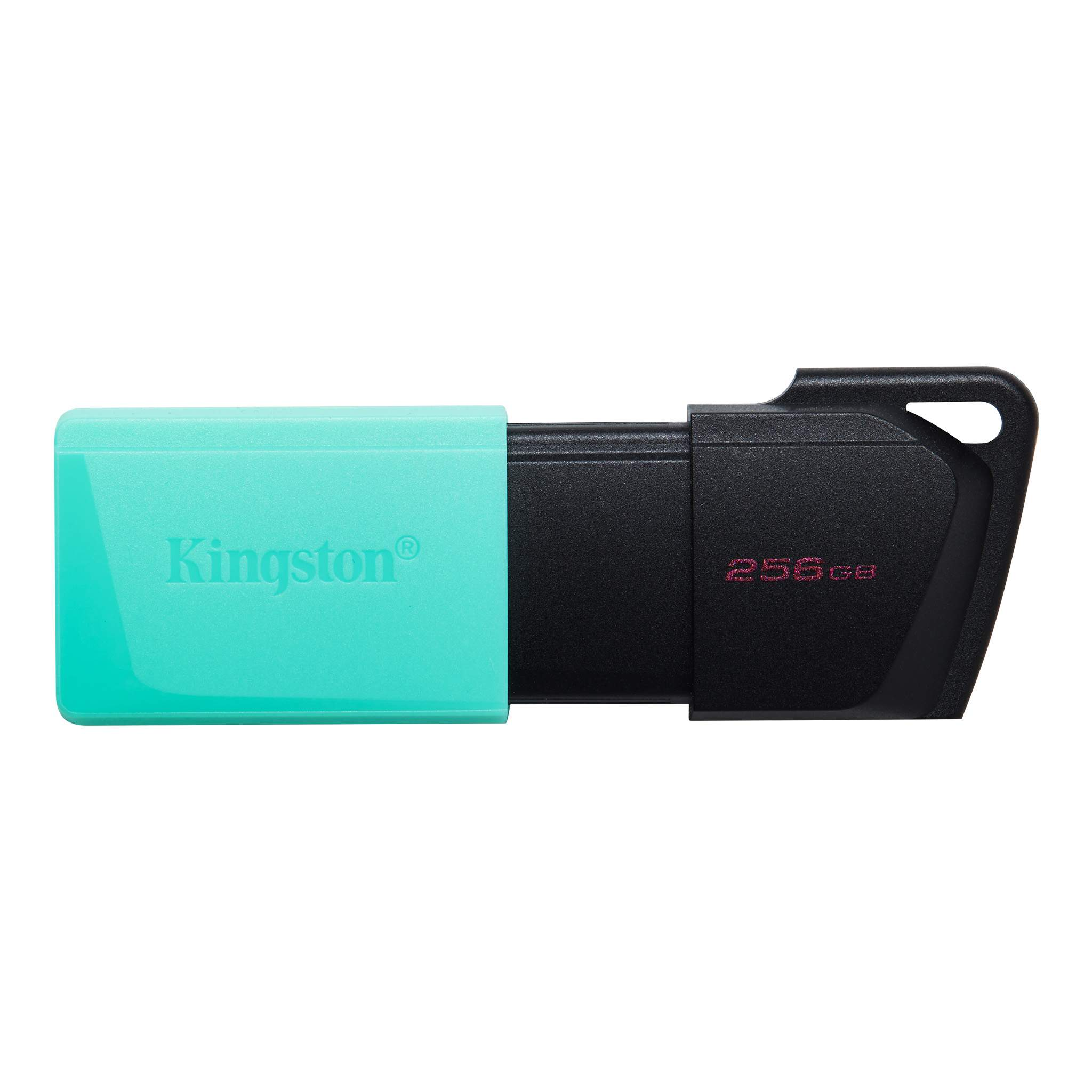 Bir USB flash sürücü. Kingston logolu turkuaz bir kapağı ve siyah bir gövdesi var. 256 GB gösteriyor.