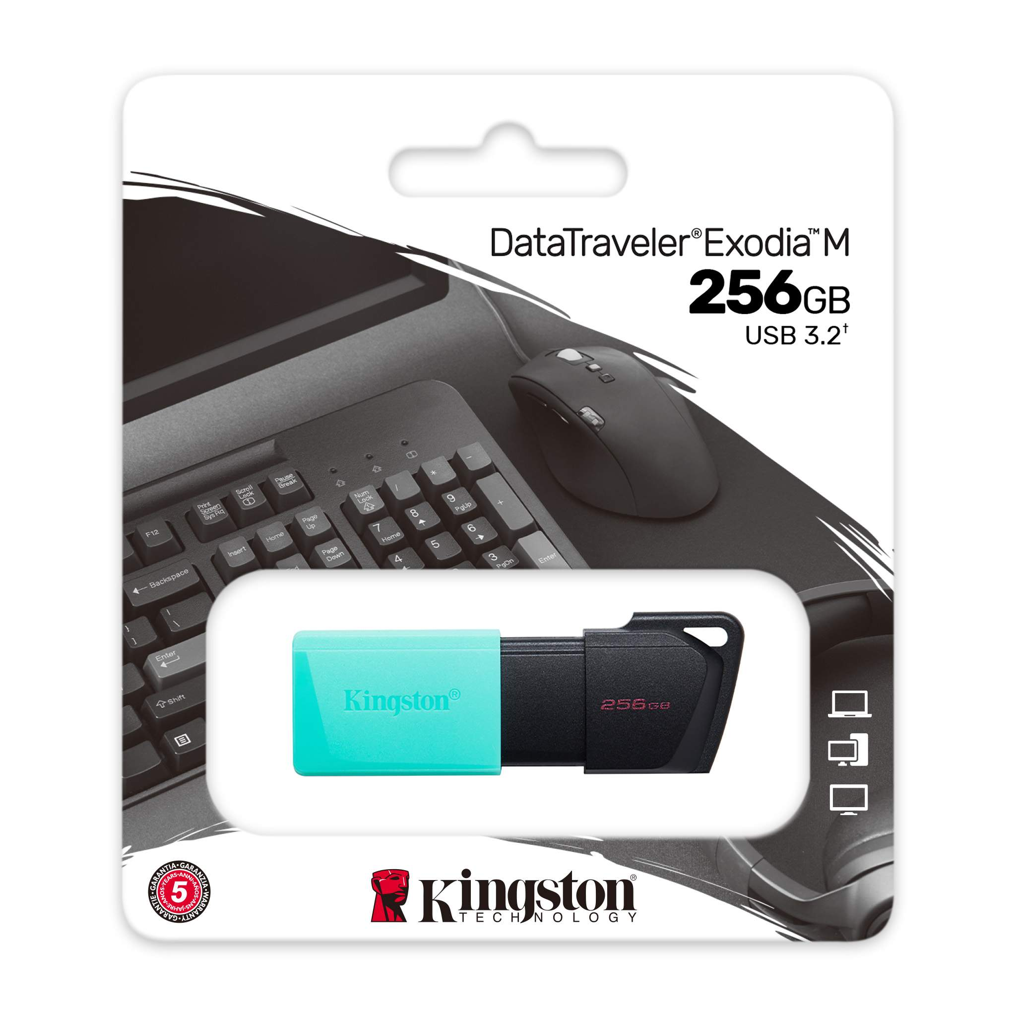 Ambalajında bir Kingston DataTraveler Exodia M 256GB USB sürücü. Arka planda bir klavye, fare ve pad.