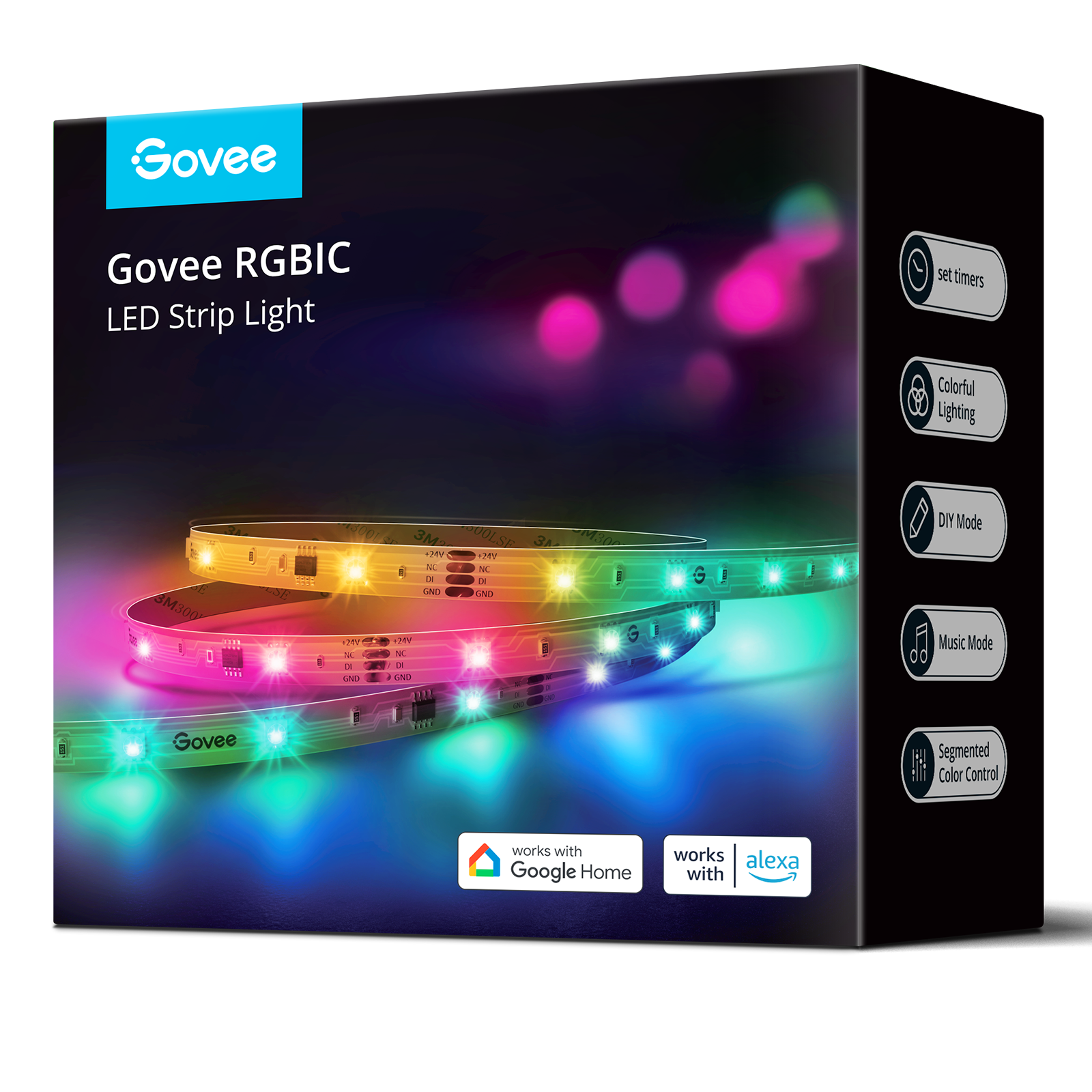 Govee RGBIC LED şerit ışık kutusu. Renkli ışık şeritleri, Google Home ve Alexa uyumluluğuna sahiptir.