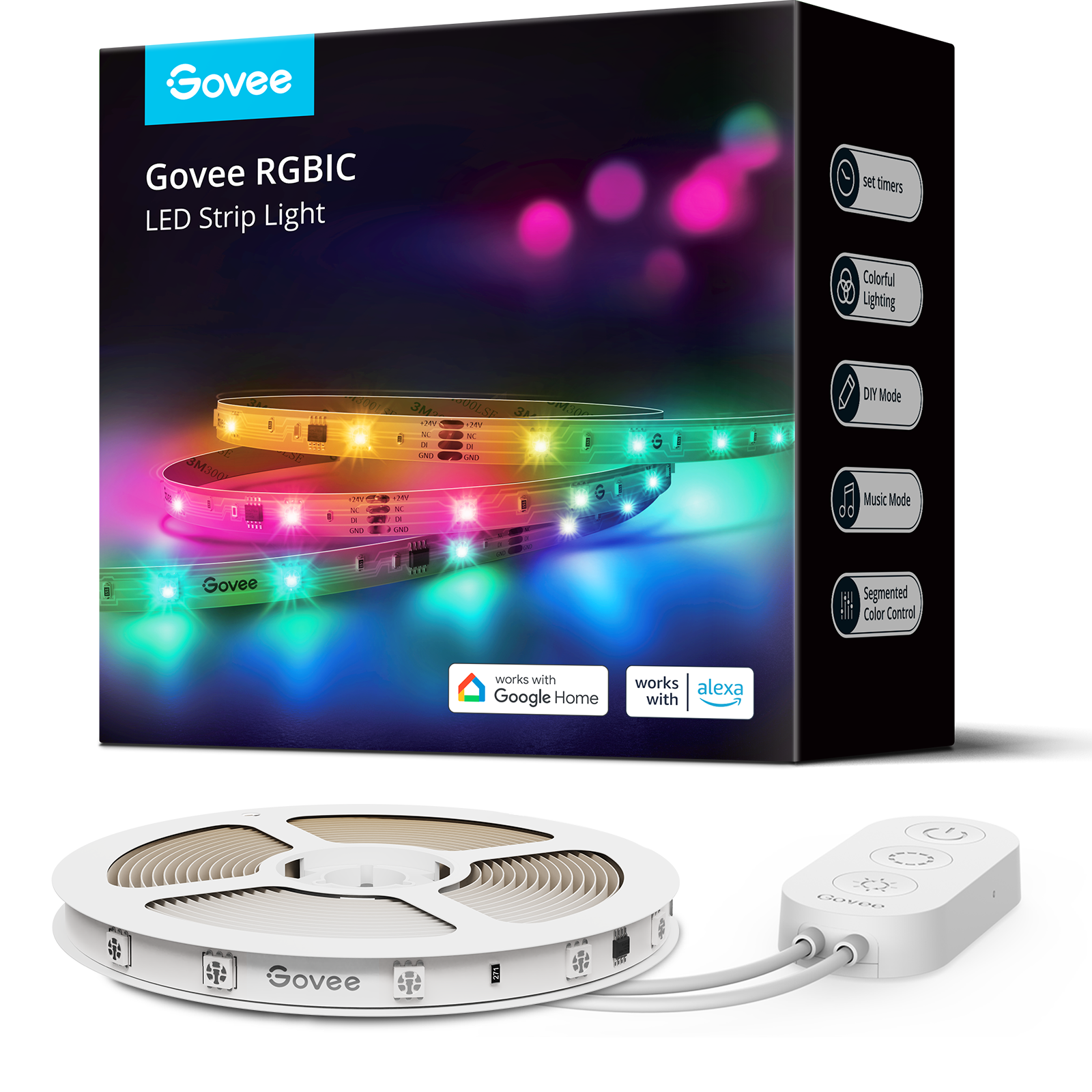 Govee RGBIC LED şerit ışık kutusu, ışık şeridi ve uzaktan kumanda ile. Zamanlayıcı ve müzik modu içerir.