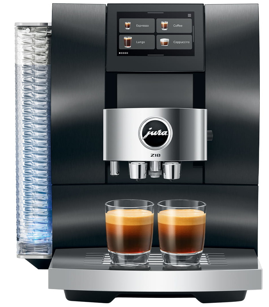 Czarny ekspres do kawy Jura Z10. Dwie szklanki espresso na tacy. Ekran wyświetla opcje kawy.