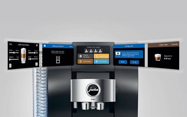 Ekspres do kawy z wieloma ekranami wyświetlającymi opcje, takie jak latte macchiato i timer kawy. Maszyna jest czarna i srebrna.
