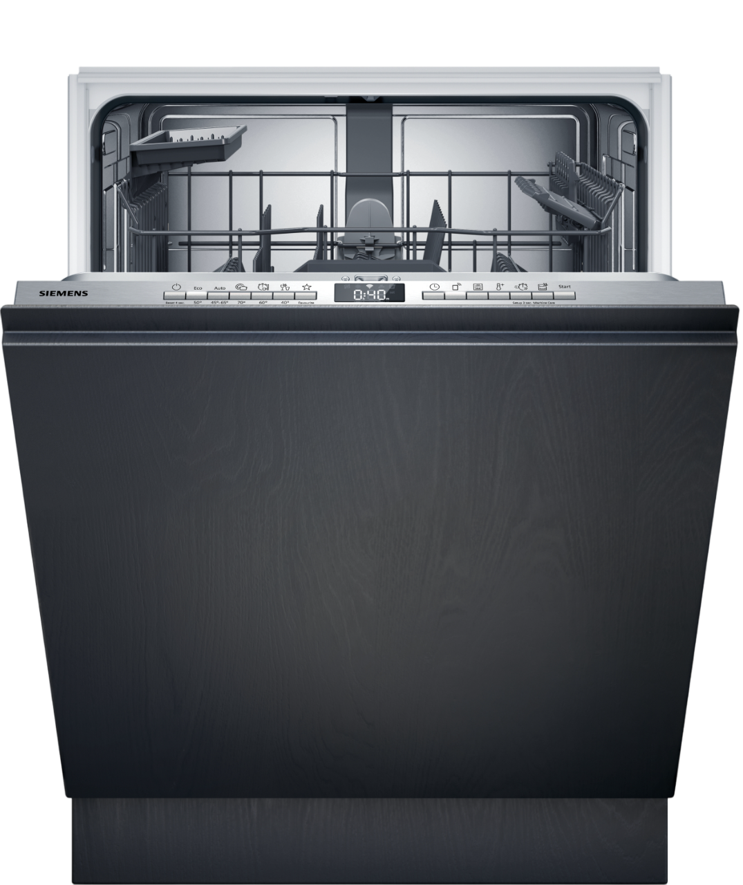 Offene Spülmaschine mit schwarzer Holztür. Innenraum zeigt Gestelle und Bedienelemente. Digitalanzeige zeigt 0:40. Silbernes Bedienfeld mit Symbolen.