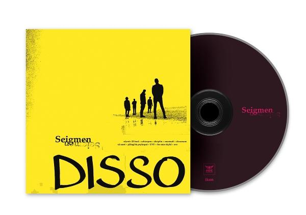 CD-Cover. Gelber Hintergrund mit schwarzen Figuren. CD rechts. Bandname 'Seigmen' und Albumtitel 'DISSO'.