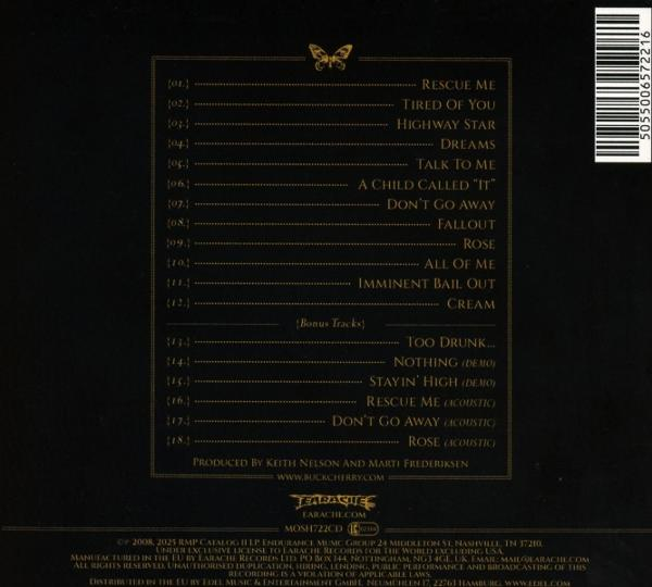 Schwarze CD-Rückseite mit goldfarbenem Text, der Songs, ein Schmetterlingslogo und einen Barcode auflistet.