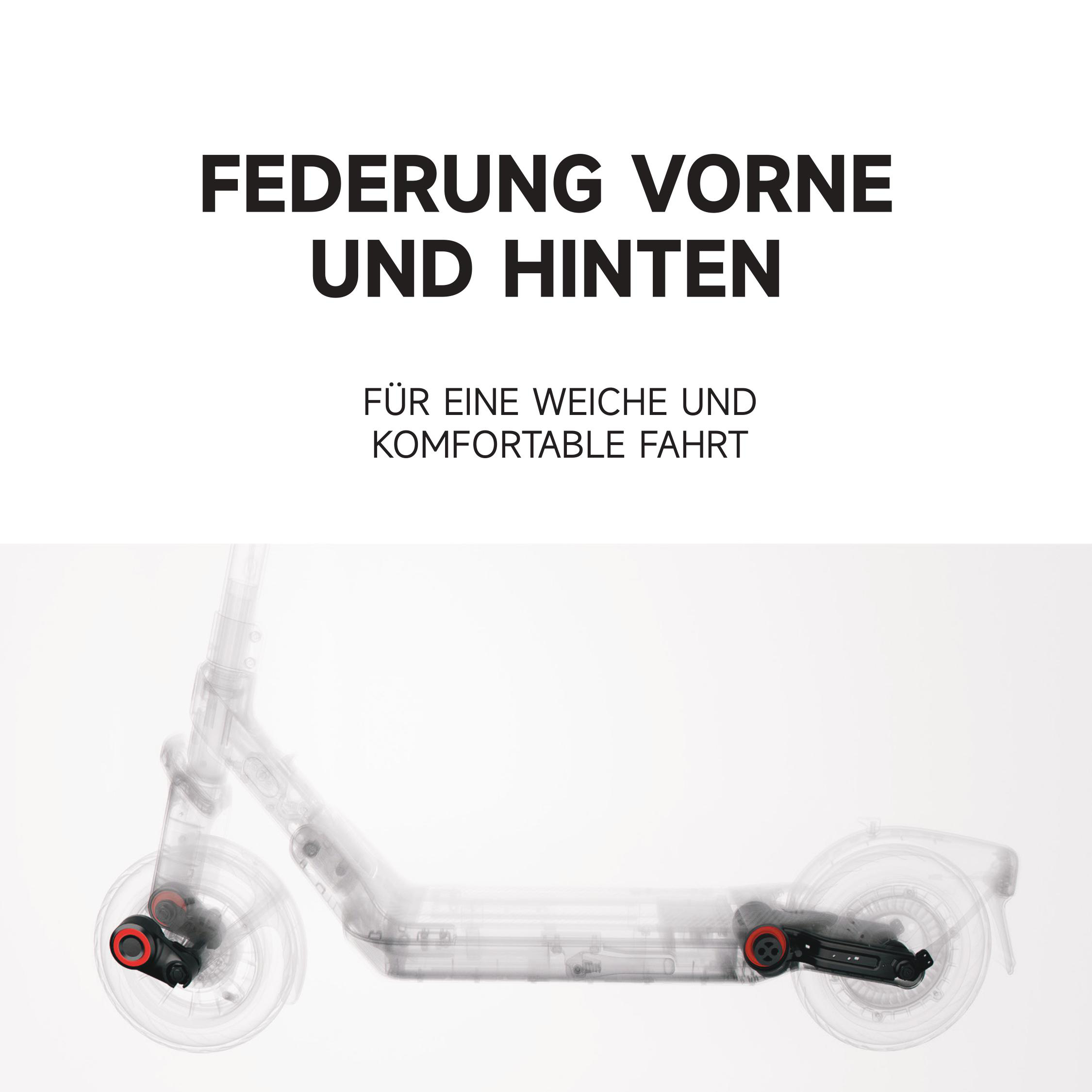 Das Bild zeigt einen transparenten Roller mit roter und schwarzer Federung. Der Text oben lautet 'Vorder- und Hinterradaufhängung'.