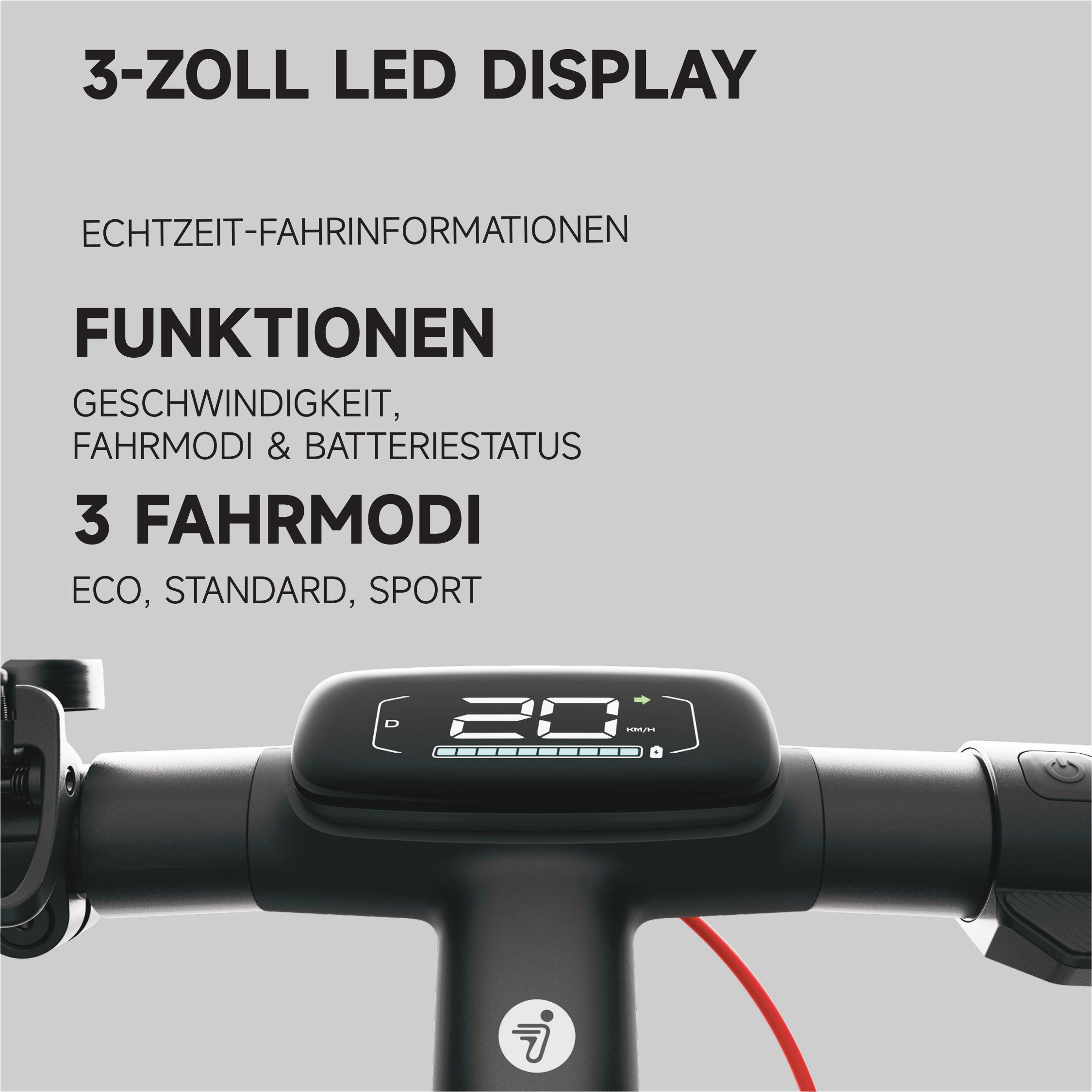 Ein Elektroroller-Lenker zeigt die Geschwindigkeit 20 km/h auf einem 3-Zoll-LED-Display an. Text: Funktionen, 3 Fahrmodi, Eco, Standard, Sport.
