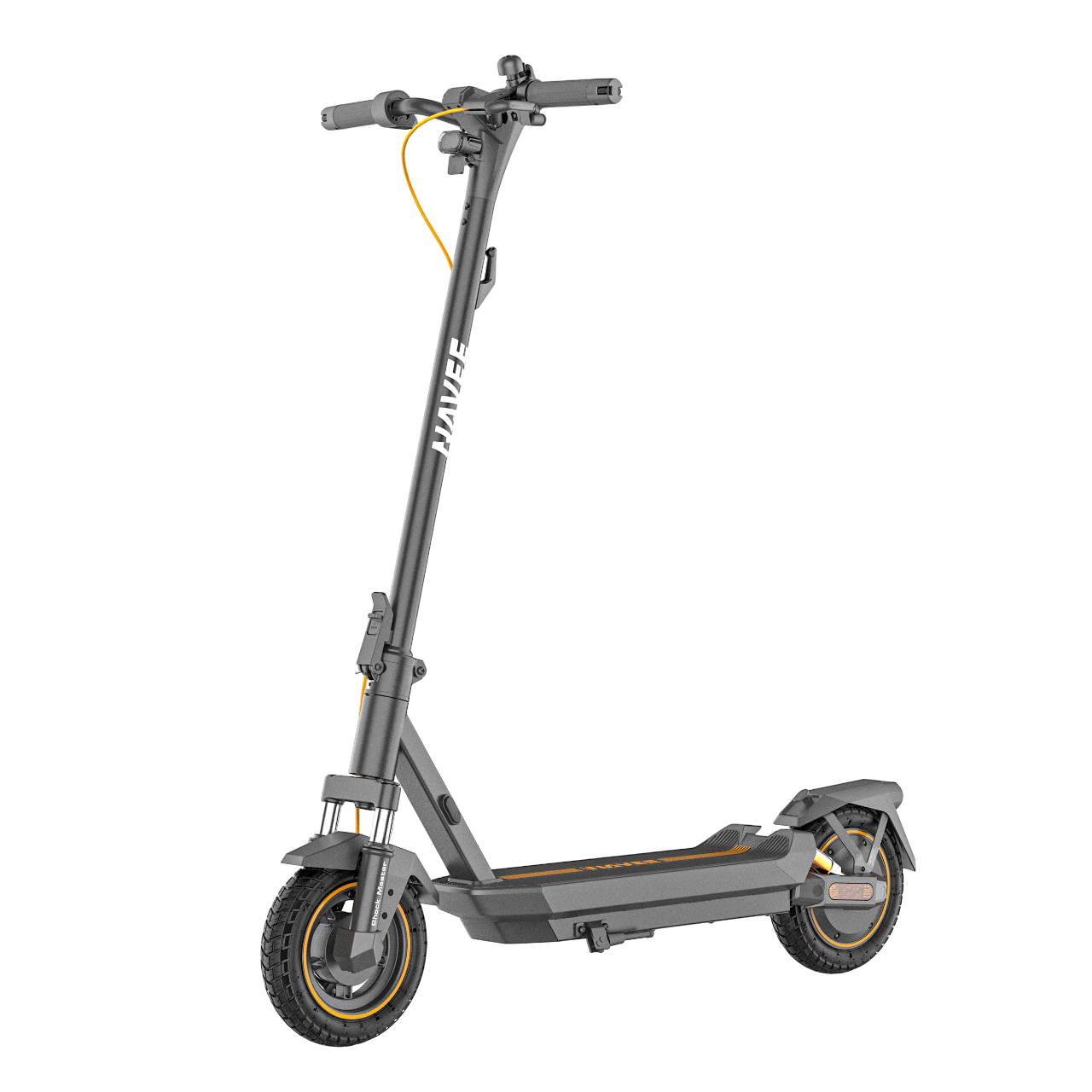 Ein Elektroroller mit schwarzem Rahmen und orangefarbenen Akzenten. Er hat einen hohen Lenker und ein Deck zum Stehen.