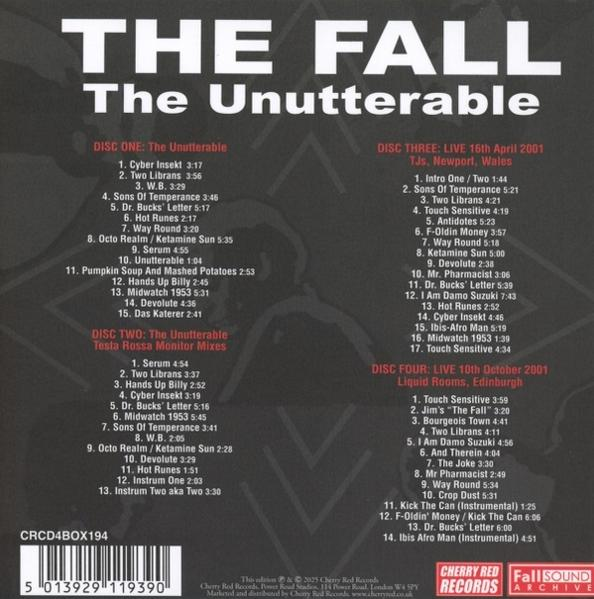 Albumcover: The Fall, 'The Unutterable'. Listet Songtitel auf vier Discs. Cherry Red Records Logo unten.