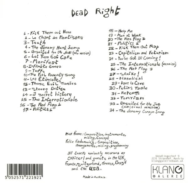 Albumcover mit handschriftlicher Titelliste 'Dead Right'. Text auf weißem Hintergrund, schwarze Tinte. Enthält Künstlernamen.