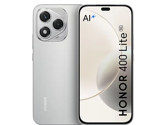 Ein silbernes HONOR 400 Lite 5G Smartphone. Es hat eine Dreifach-Kamera, einen Frontbildschirm und die Marke HONOR ist sichtbar.