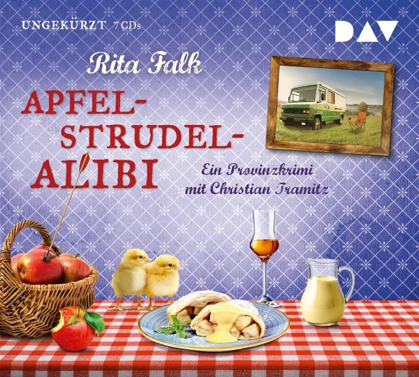 Buchcover mit Äpfeln, Strudel, Küken und Wohnmobil. Text lautet 'Apfelstrudel-Alibi' von Rita Falk.