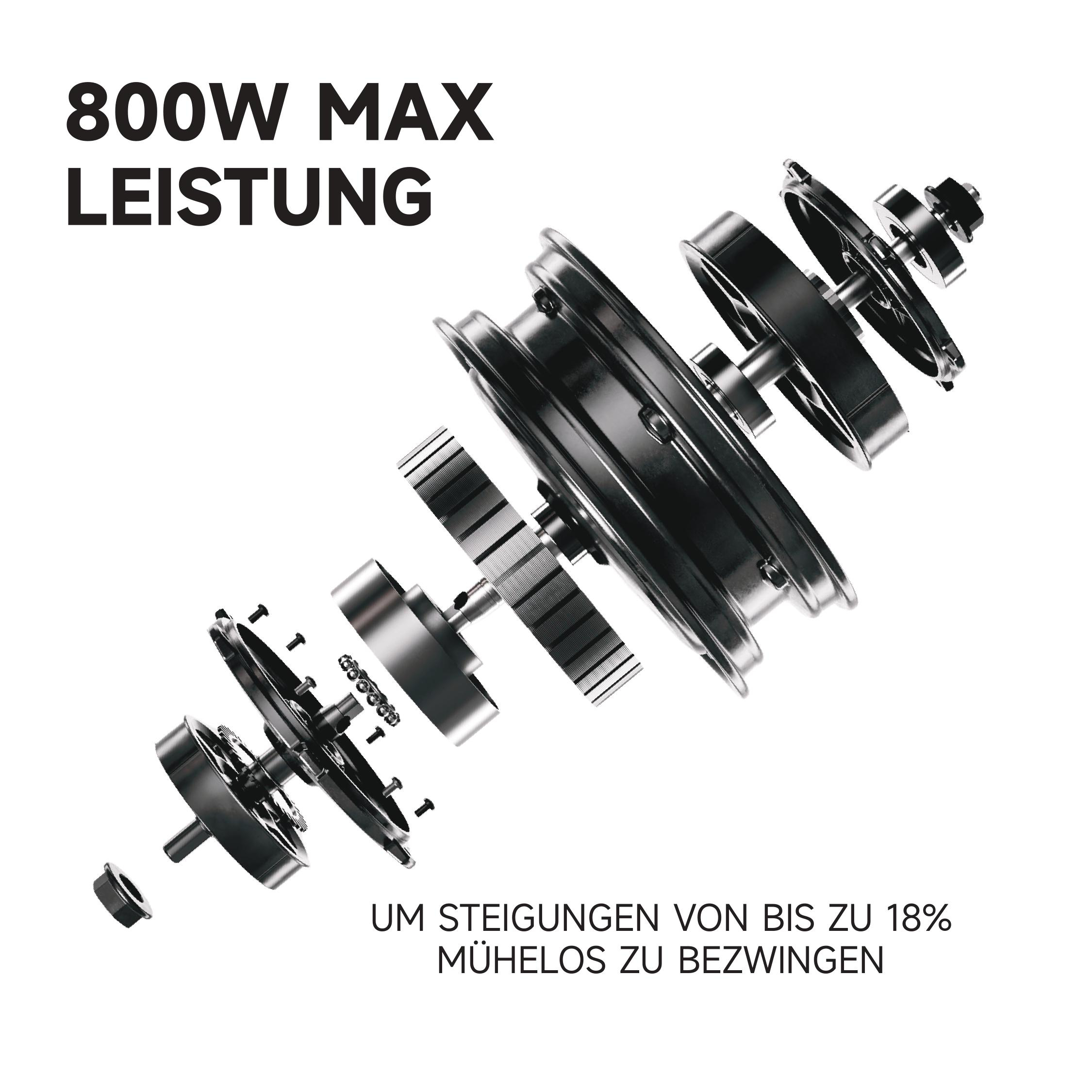 Explosionsansicht eines schwarzen Elektromotors mit Text 800W MAX LEISTUNG und Text darunter.
