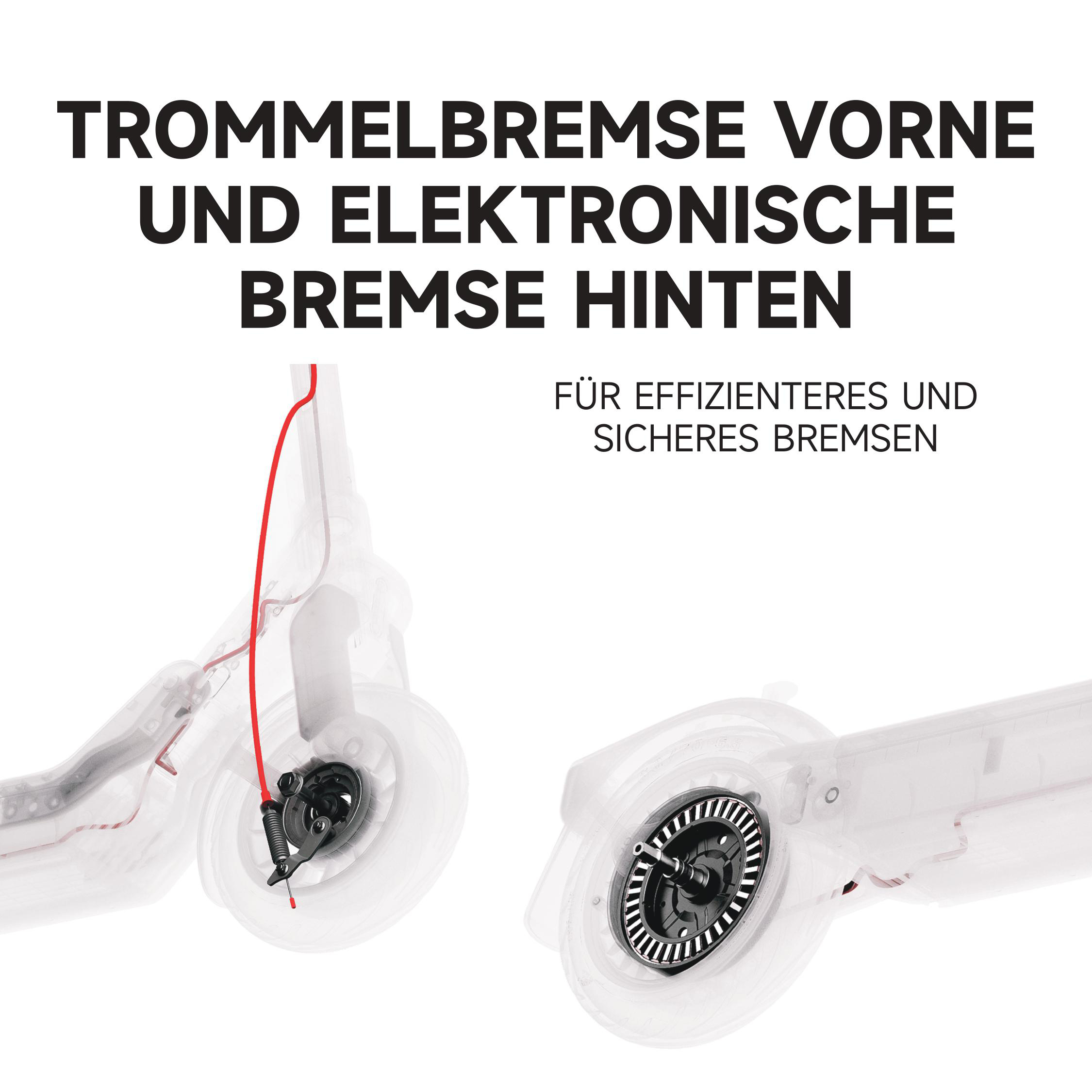 Das Bild zeigt Rollerbremsen mit deutschem Text. Der Text beschreibt Trommelbremsen vorne und elektronische Bremsen hinten.
