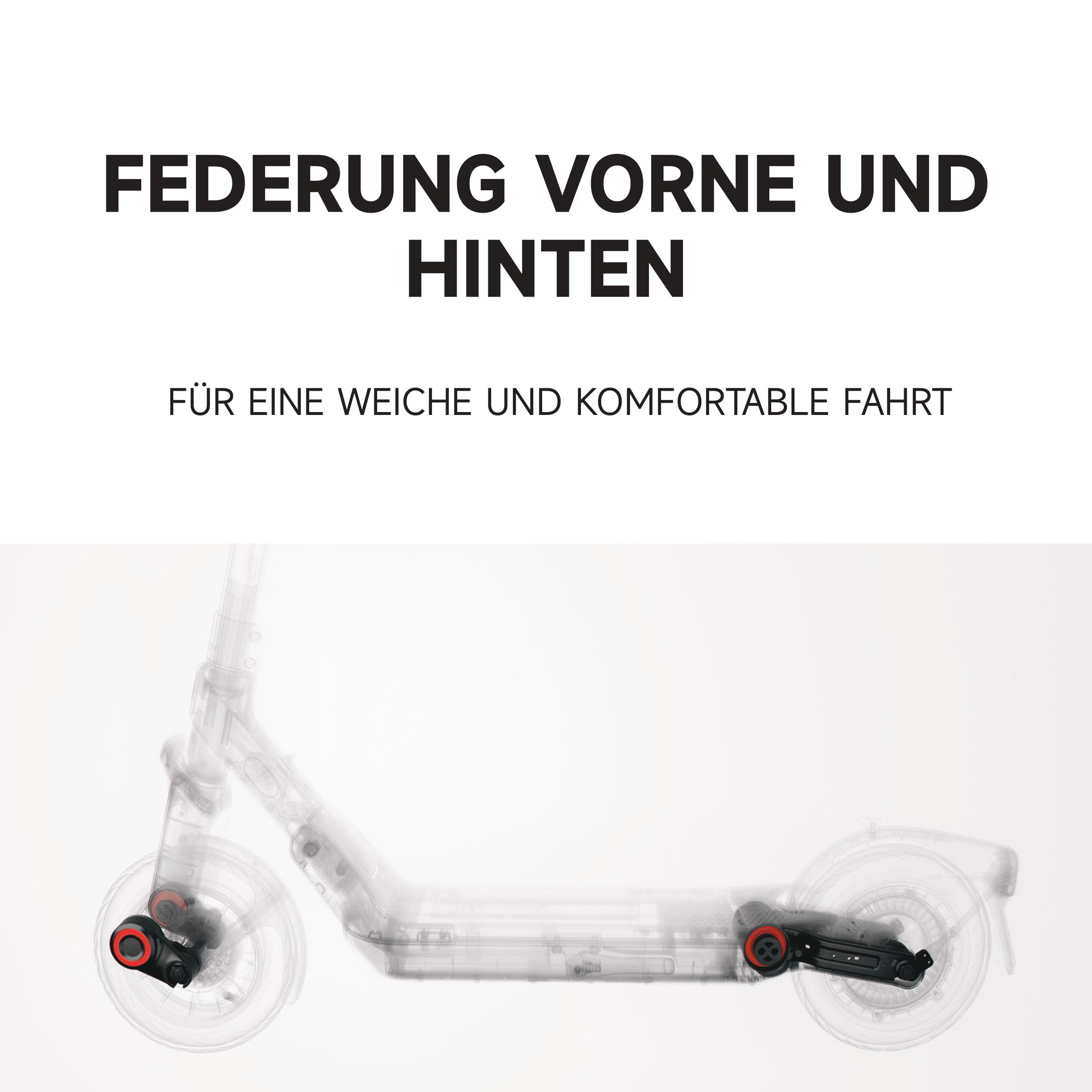 Das Bild zeigt einen transparenten Roller mit Text darüber. Der Roller hat rote und schwarze Federung. Text sagt 'Federung vorne und hinten'.