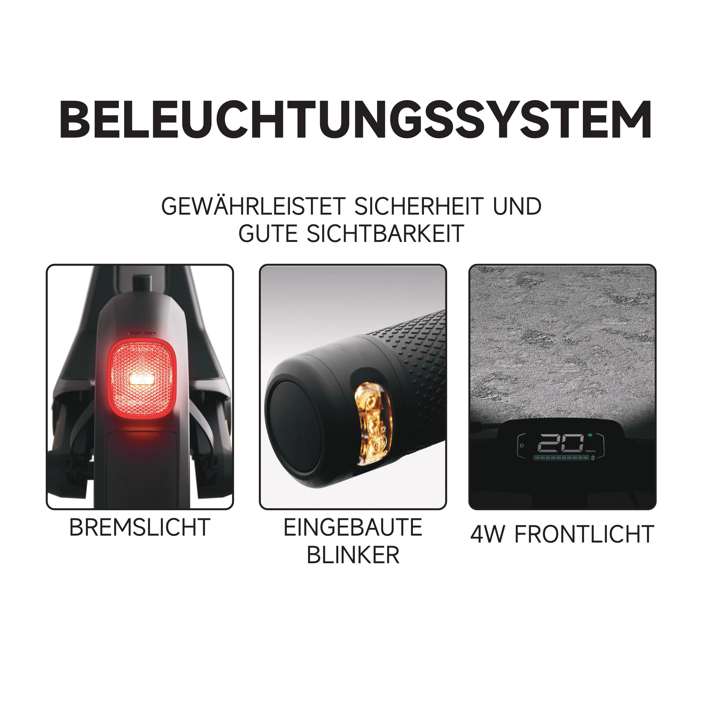 Das Bild zeigt ein Beleuchtungssystem mit Bremslicht, Blinker und Frontlicht mit Geschwindigkeitsanzeige.