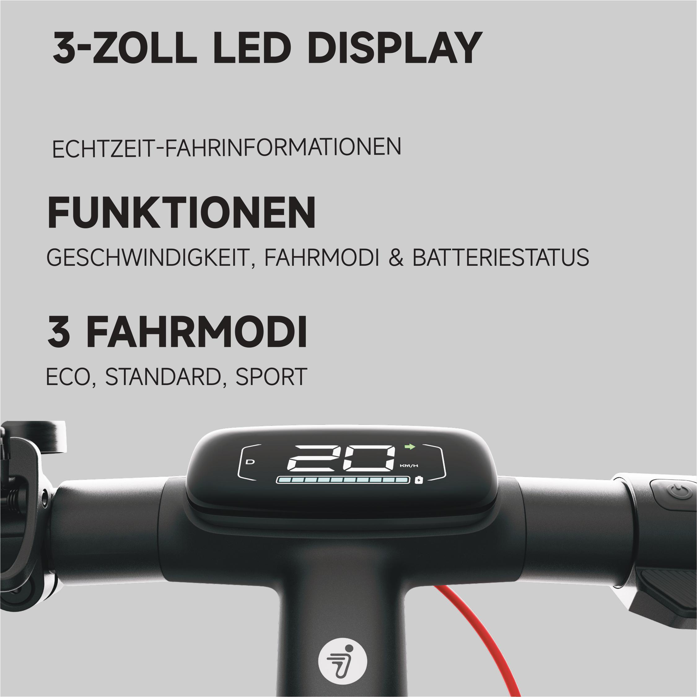 LED-Anzeige eines Elektrorollers mit einer Geschwindigkeit von 20 km/h. Anzeige zeigt auch Batteriestatus und Modi.