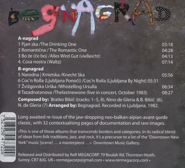 Albumcover: Titel 'Begnagrad' in bunten Stoffbuchstaben. Titelliste und Textdetails auf dunklem Hintergrund.