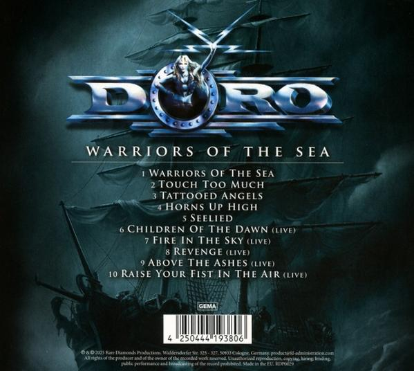 Albumcover: Doros 'Warriors of the Sea' zeigt eine Frau in einem Schild, eine Schiffs-Silhouette und die Titelliste.